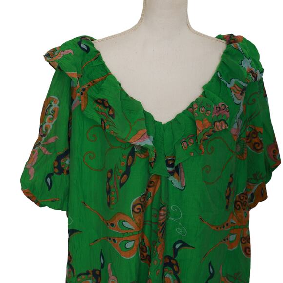 H&M GREEN FLORAL V-NECK TIE BACK DRESS BALLON SLEEVES SIZE LARGE - Picture 3 of 7